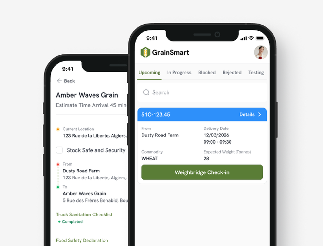 Grain intake mobile app with weighbridge check-in